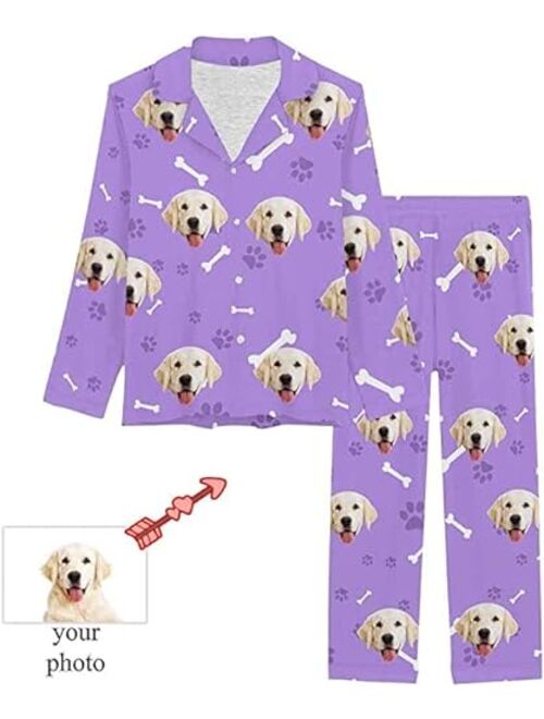 Artsadd Custom dog face paws bones pink Pajama Set for Women Personalized Picture Print Long Sleeve Sets Sleepwear Nightwear