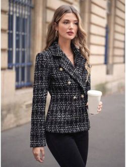 Frenchy Plaid Pattern Double Breasted Tweed Blazer