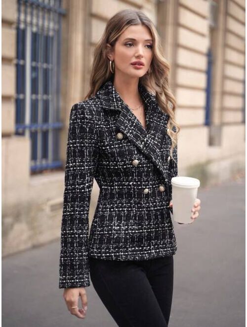 SHEIN Frenchy Plaid Pattern Double Breasted Tweed Blazer