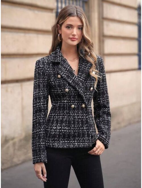 SHEIN Frenchy Plaid Pattern Double Breasted Tweed Blazer