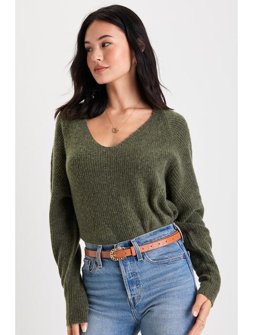 Lulus Seasonal Sight Olive Green Long Sleeve V-Neck Sweater