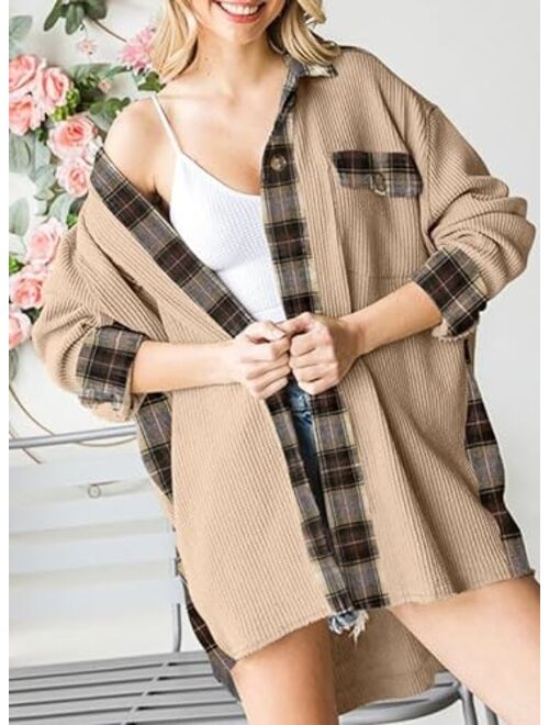 SHEWIN Womens Waffle Knit Plaid Shacket Boyfriend Button Down Shirt Jacket Loose Long Sleeve Tops