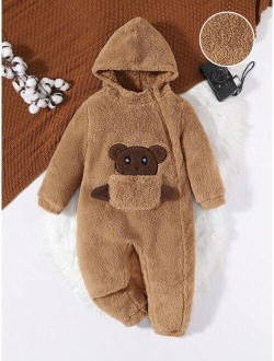 SHEIN Kids QTFun Boys' Cute Loose Fit Comfortable Cartoon Animal Applique Embroidery Plush Hooded Jumpsuit With Diagonal Zipper, Winter