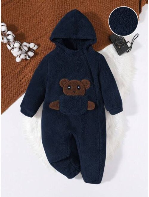 SHEIN Kids QTFun Boys' Cute Loose Fit Comfortable Cartoon Animal Applique Embroidery Plush Hooded Jumpsuit With Diagonal Zipper, Winter