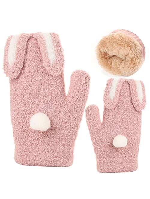 Campsis Wool Lined Winter Gloves for Kids Pink Full Fingers Gloves Cute Warm Knitted Gloves with rope Toddler Children Mittens for Cold Weather 2-6 Years