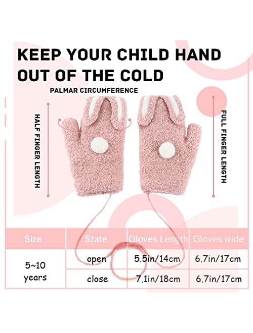 Campsis Wool Lined Winter Gloves for Kids Pink Full Fingers Gloves Cute Warm Knitted Gloves with rope Toddler Children Mittens for Cold Weather 2-6 Years