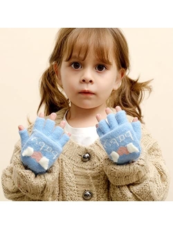 Campsis Kids Knit Winter Gloves Baby Blue Fingerless Warm Gloves Convertible Flip Top Gloves Thermal Cable Knitted Gloves for Boys Girls Supplies 2-6 Years