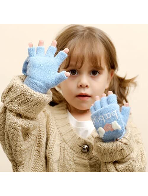 Campsis Kids Knit Winter Gloves Baby Blue Fingerless Warm Gloves Convertible Flip Top Gloves Thermal Cable Knitted Gloves for Boys Girls Supplies 2-6 Years