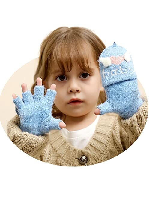 Campsis Kids Knit Winter Gloves Baby Blue Fingerless Warm Gloves Convertible Flip Top Gloves Thermal Cable Knitted Gloves for Boys Girls Supplies 2-6 Years