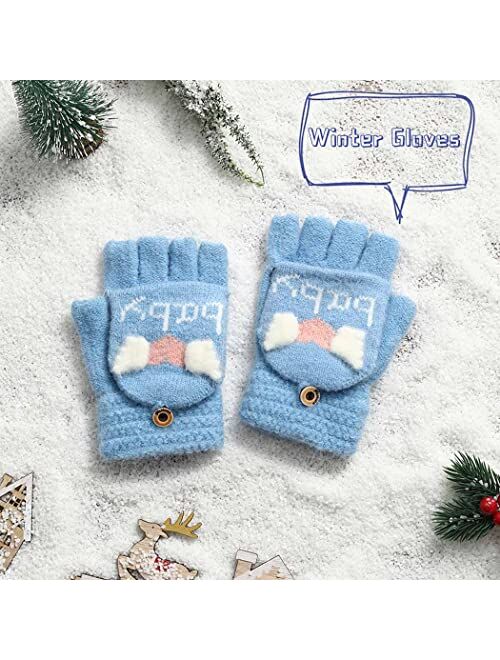 Campsis Kids Knit Winter Gloves Baby Blue Fingerless Warm Gloves Convertible Flip Top Gloves Thermal Cable Knitted Gloves for Boys Girls Supplies 2-6 Years