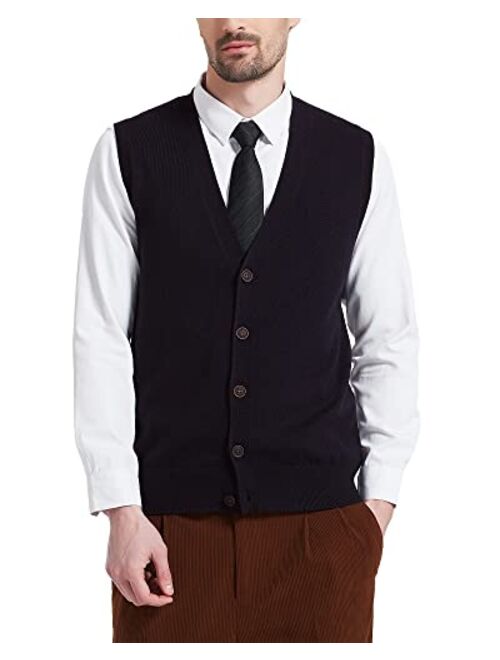 Kallspin Men's Sweater Vest Wool Blend V-Neck Button Sleeveless Cardigan Vest Sweater