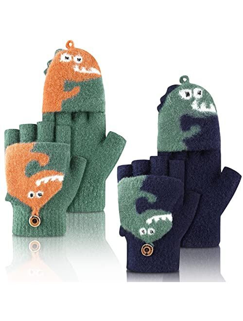 SATINIOR 2 Pairs Kids Fingerless Gloves Knit Convertible Mitten Half Finger Mitten Flap Winter Warm Aged 3-10