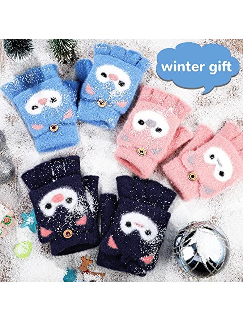 Geyoga 3 Pairs Kids Fingerless Gloves Convertible Flip Top Gloves Winter Warm Half Finger Mitten for Kids Boy Girl 5-10 Years