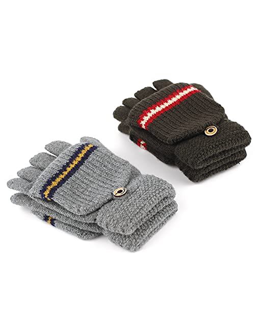 F Flammi Kids Winter Knitted Mitten Gloves Convertible Fingerless Gloves with Cover for Teen Boys Girls Aged 5-10, 2 Pairs