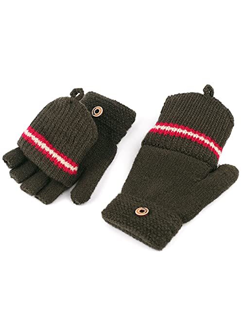 F Flammi Kids Winter Knitted Mitten Gloves Convertible Fingerless Gloves with Cover for Teen Boys Girls Aged 5-10, 2 Pairs