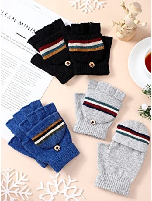 Newcotte 3 Pair Convertible Knitted Fingerless Gloves Kids Warm Winter Knit Flip Top Kids Mittens Gloves for Children Teens Aged 5-12
