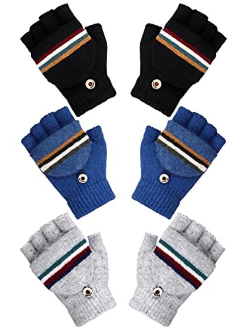 Newcotte 3 Pair Convertible Knitted Fingerless Gloves Kids Warm Winter Knit Flip Top Kids Mittens Gloves for Children Teens Aged 5-12