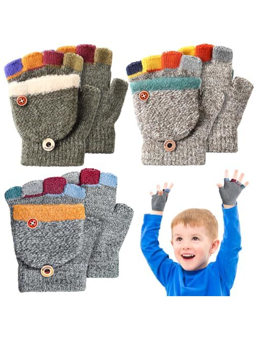 Handepo Kids Winter Gloves 3 Pairs Convertible Warm Gloves Flip Top Toddler Gloves Baby Gloves Infant Gloves for Kids 2-6 Years