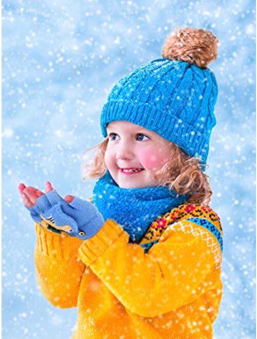 Bencailor 3 Pair Convertible Mittens Kids Knitted Warm Fingerless Gloves Toddler Cartoon Gloves with Mitten Cover for Boy Girl