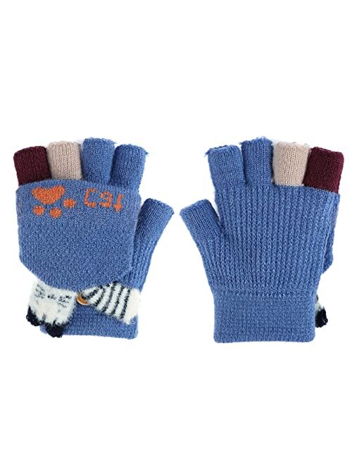 Holiberty Cute Baby Kids Wool Winter Fingerless Gloves Toddler Boys Girls Convertible Knit Mittens Warm Snow Gloves Age 3-10