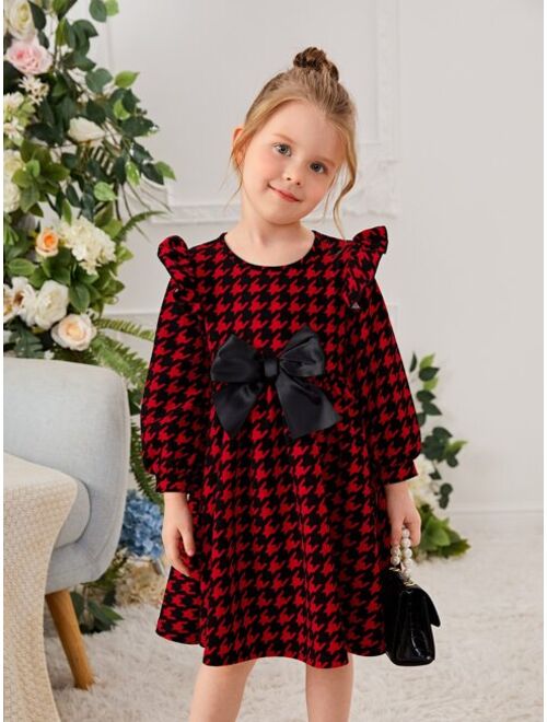 SHEIN Kids FANZEY Toddler Girls Houndstooth Print Bow Front Dress