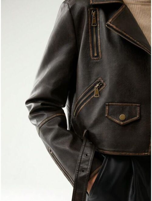 Shein Anewsta Zip Up PU Leather Moto Jacket