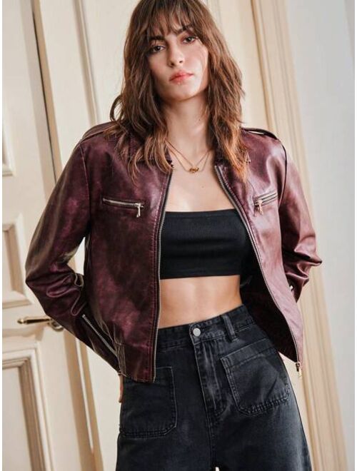 Anewsta Zip Up PU Leather Jacket