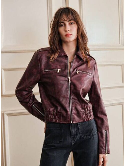 Anewsta Zip Up PU Leather Jacket