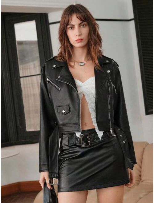 Anewsta Zip Up PU Leather Moto Jacket