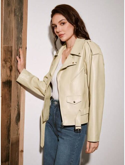 Anewsta Drop Shoulder Belted PU Leather Moto Jacket