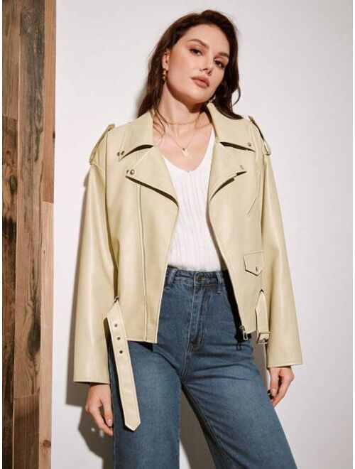Anewsta Drop Shoulder Belted PU Leather Moto Jacket