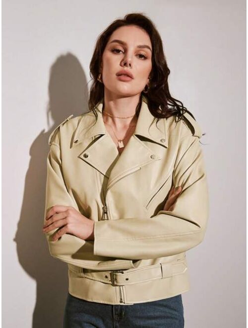 Anewsta Drop Shoulder Belted PU Leather Moto Jacket