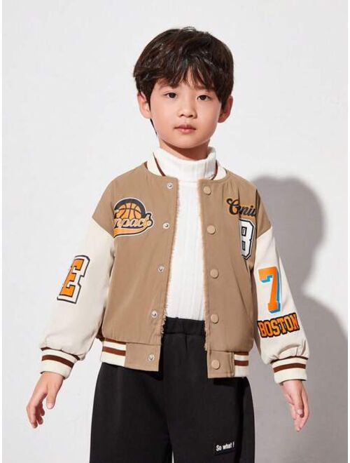 SHEIN Kids KDOMO Toddler Boys' Colorblocked Fleece Jacket With Letter Pattern Print
