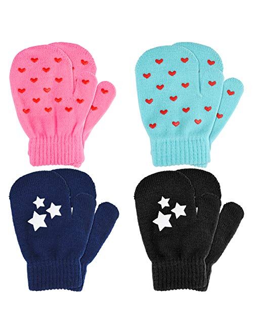 MENOLY 4 Pairs Toddler Magic Stretch Mittens Winter Warm Kids Knit Gloves for Little Girls Boys