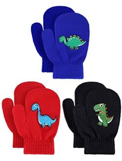 Geyoga 3 Pairs Kids Winter Mittens Winter Stretchy Knit Gloves Dinosaur Warm Mittens Full Finger Kids Gloves for Boys Girls Baby
