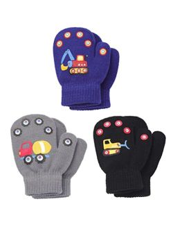 Brook + Bay Toddler Mittens Pack - 3 Pairs Kids Magic Mittens - Children's Mittens - Kids Warm Mittens Gloves - Knit Mittens