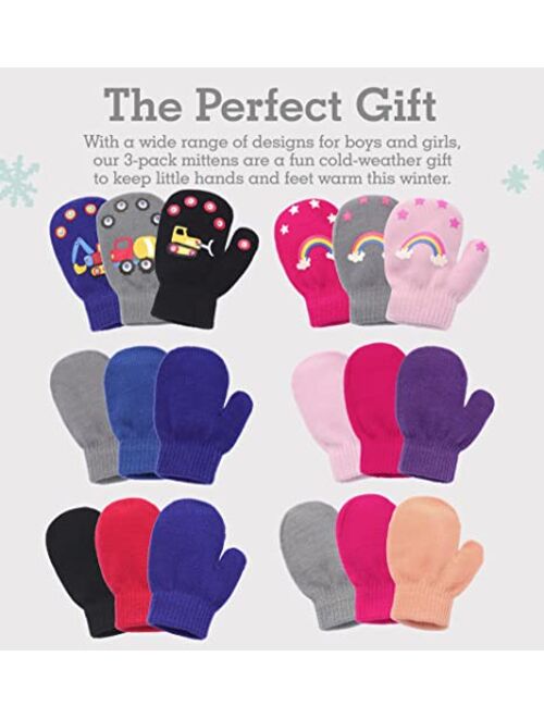 Brook + Bay Toddler Mittens Pack - 3 Pairs Kids Magic Mittens - Children's Mittens - Kids Warm Mittens Gloves - Knit Mittens