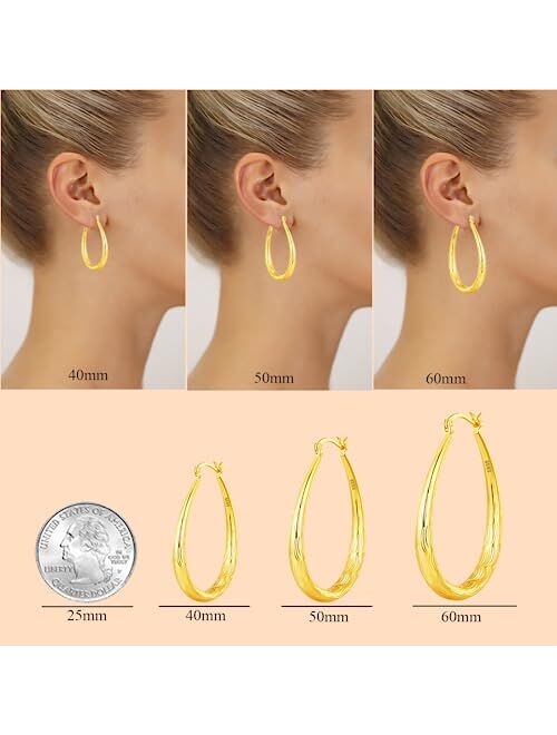Ooopel Sterling Silver Hoop Earrings,Oval Gold Hoop Earrings for Women Hypoallergenic Big Teardrop Hoop Earrings Diamond-Cut Large Gold Chunky Hoops for Girls 925 Sterlin
