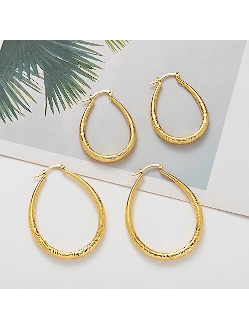 Ooopel Sterling Silver Hoop Earrings,Oval Gold Hoop Earrings for Women Hypoallergenic Big Teardrop Hoop Earrings Diamond-Cut Large Gold Chunky Hoops for Girls 925 Sterlin