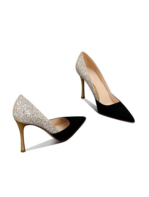 Msonlydn Women's Gold Classic Pointed Toe High Heels Stiletto Pumps with 3.35in Sparkly for Wedding,Party,Dress