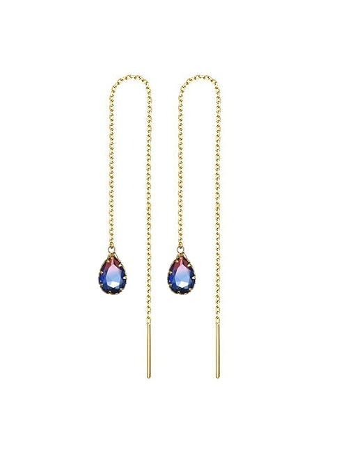 Wanggao Stainless Steel Water Drop Long Chain Earrings for Women Girls Linear Crystal Threader Earrings Jewelry