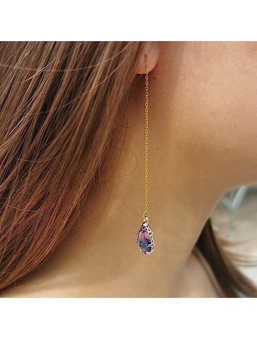 Wanggao Stainless Steel Water Drop Long Chain Earrings for Women Girls Linear Crystal Threader Earrings Jewelry