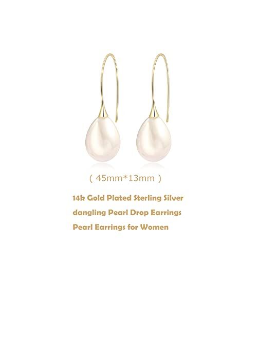Voaino 925 Sterling Silver Big White Teardrop Pearl Dangle Drop Earrings for Women Lightweight Simple Gold Hoop Dainty Pearl Dangling for Brides Weddings