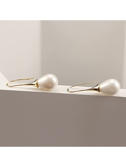 Voaino 925 Sterling Silver Big White Teardrop Pearl Dangle Drop Earrings for Women Lightweight Simple Gold Hoop Dainty Pearl Dangling for Brides Weddings
