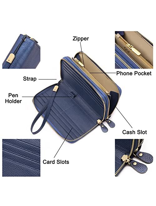 SENDEFN Leather Women Wallet RFID Blocking Zipper Around Phone Holder Clutch Wristlet Large Capacity