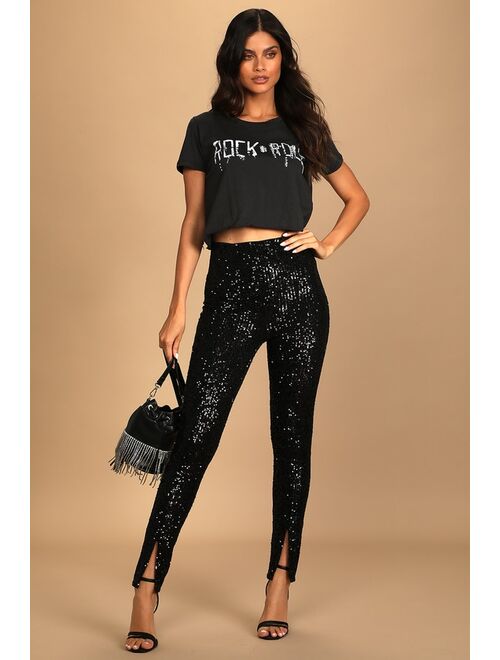 Lulus Party Perfection Black Sequin Slit Front High-Waisted Pants