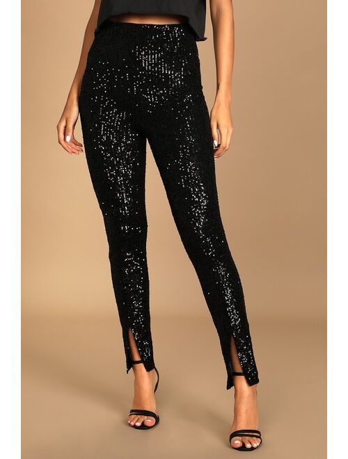 Lulus Party Perfection Black Sequin Slit Front High-Waisted Pants