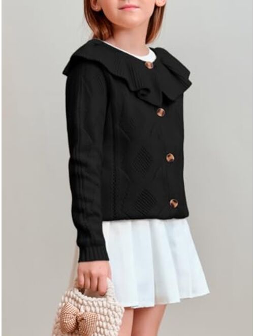 Haloumoning Girls Cardigan Knit Sweaters Ruffle School Uniform Sweater V Neck Button Outerwear 5-14 Years