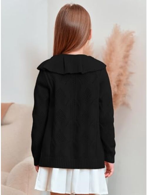 Haloumoning Girls Cardigan Knit Sweaters Ruffle School Uniform Sweater V Neck Button Outerwear 5-14 Years