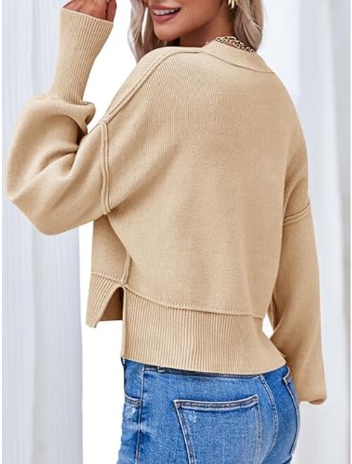 Saodimallsu Womens Oversized Cropped Sweaters Long Lantern Sleeve V Neck Button Henley Ribbed Knit Pullover Crop Tops